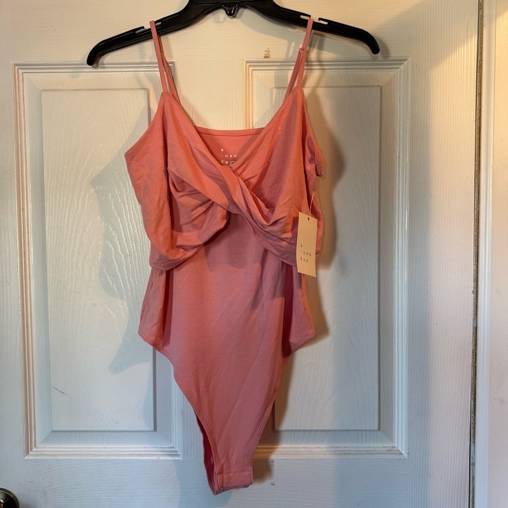 A New Day Coral Pink Twist Front Thong Bodysuit Medium NWT